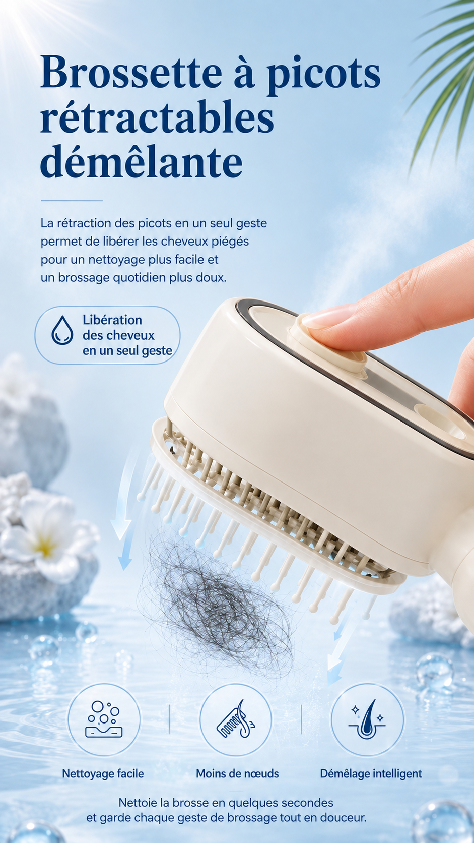 Brosse à cheveux autonettoyante en un clic, poils rétractables, peigne électrique pour le soin du cuir chevelu et l'élimination des cheveux raides,