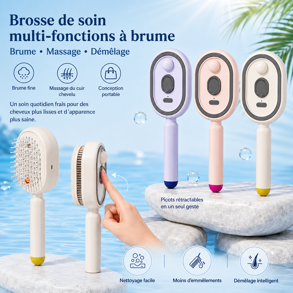 Brosse à cheveux autonettoyante en un clic, poils rétractables, peigne électrique pour le soin du cuir chevelu et l'élimination des cheveux raides,