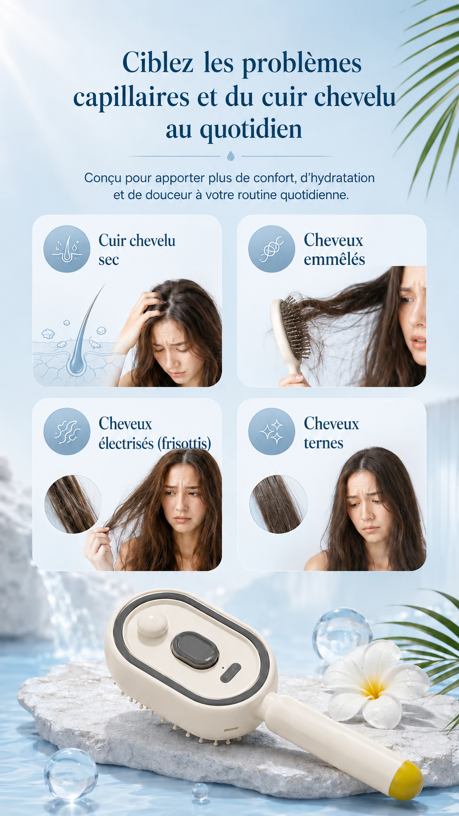 Brosse à cheveux autonettoyante en un clic, poils rétractables, peigne électrique pour le soin du cuir chevelu et l'élimination des cheveux raides,