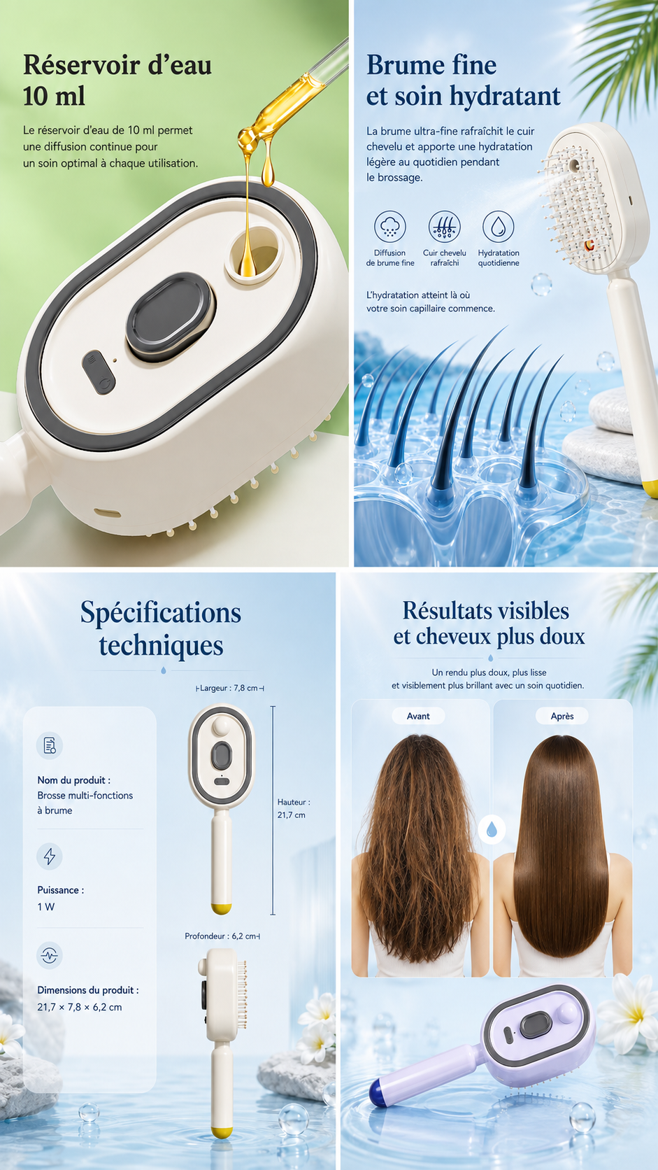 Brosse à cheveux autonettoyante en un clic, poils rétractables, peigne électrique pour le soin du cuir chevelu et l'élimination des cheveux raides,
